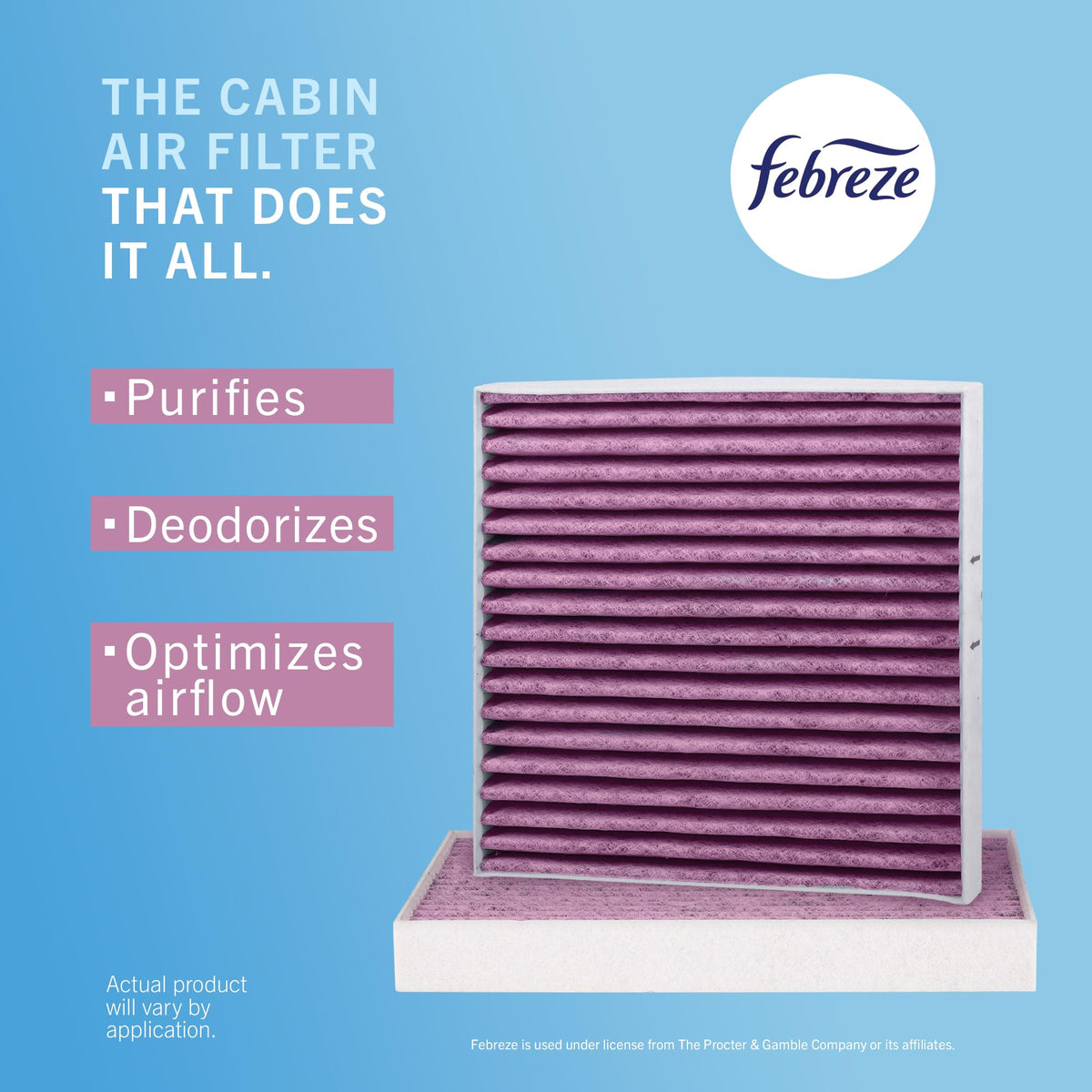 Febreze PUREFLOW side seal detail ensuring secure cabin airflow