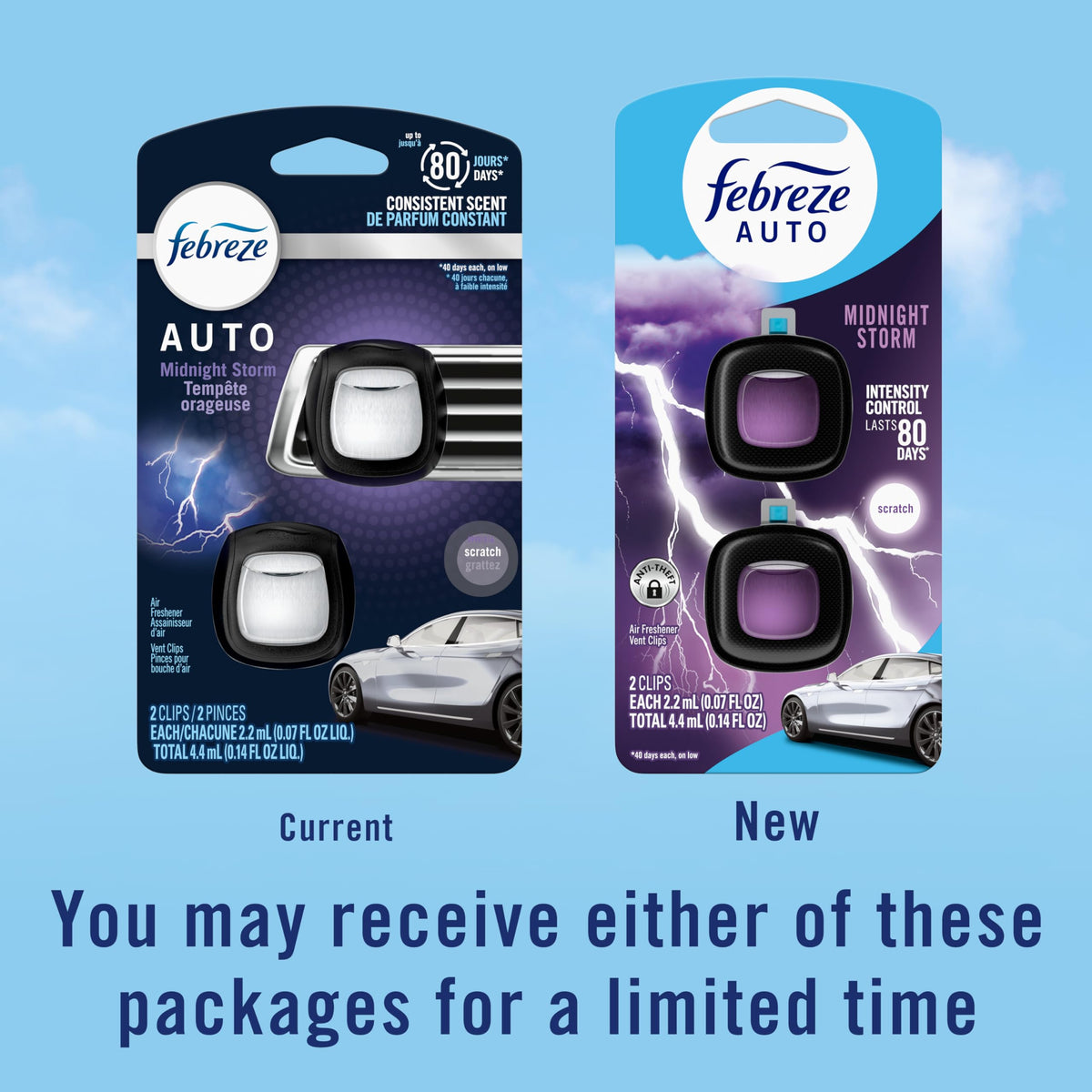 Febreze clip next to smartphone showing compact size and easy portability