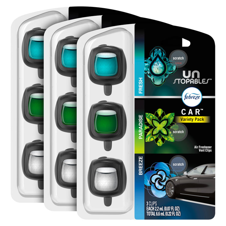 Febreze front packaging of Unstopables variety pack showing nine clips and case, refreshing scent