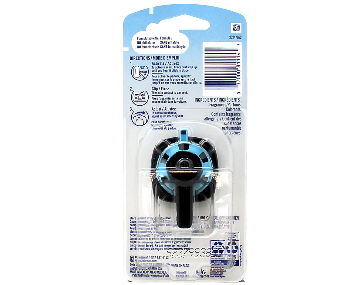 Febreze clip attached to a car vent dispersing scent for a fresher-smelling cabin