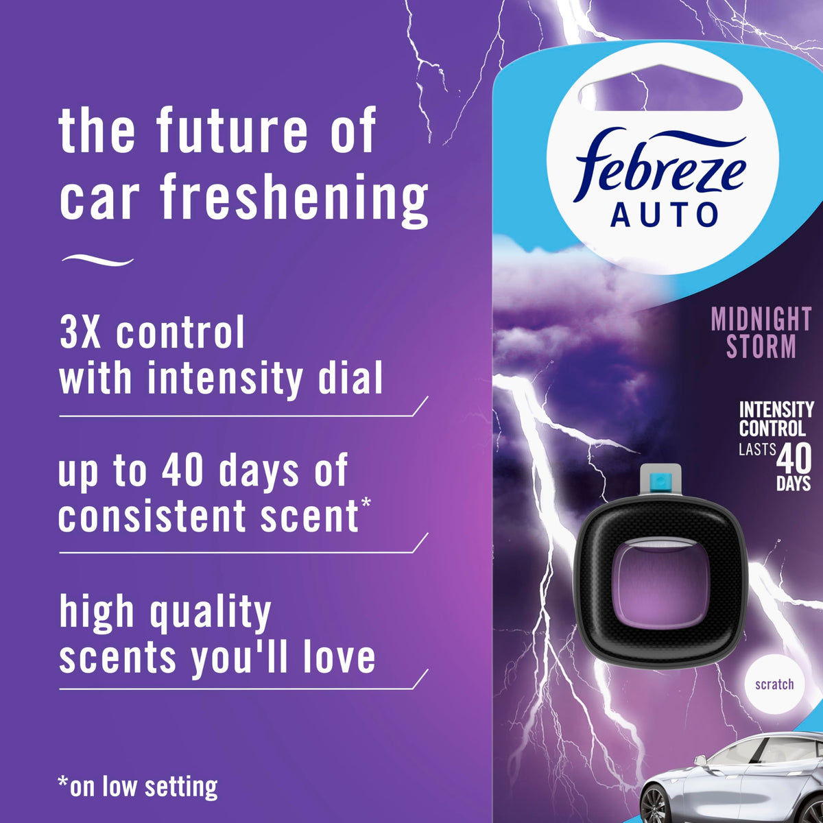 Febreze clip installed on car vent dispersing fragrance for odor control