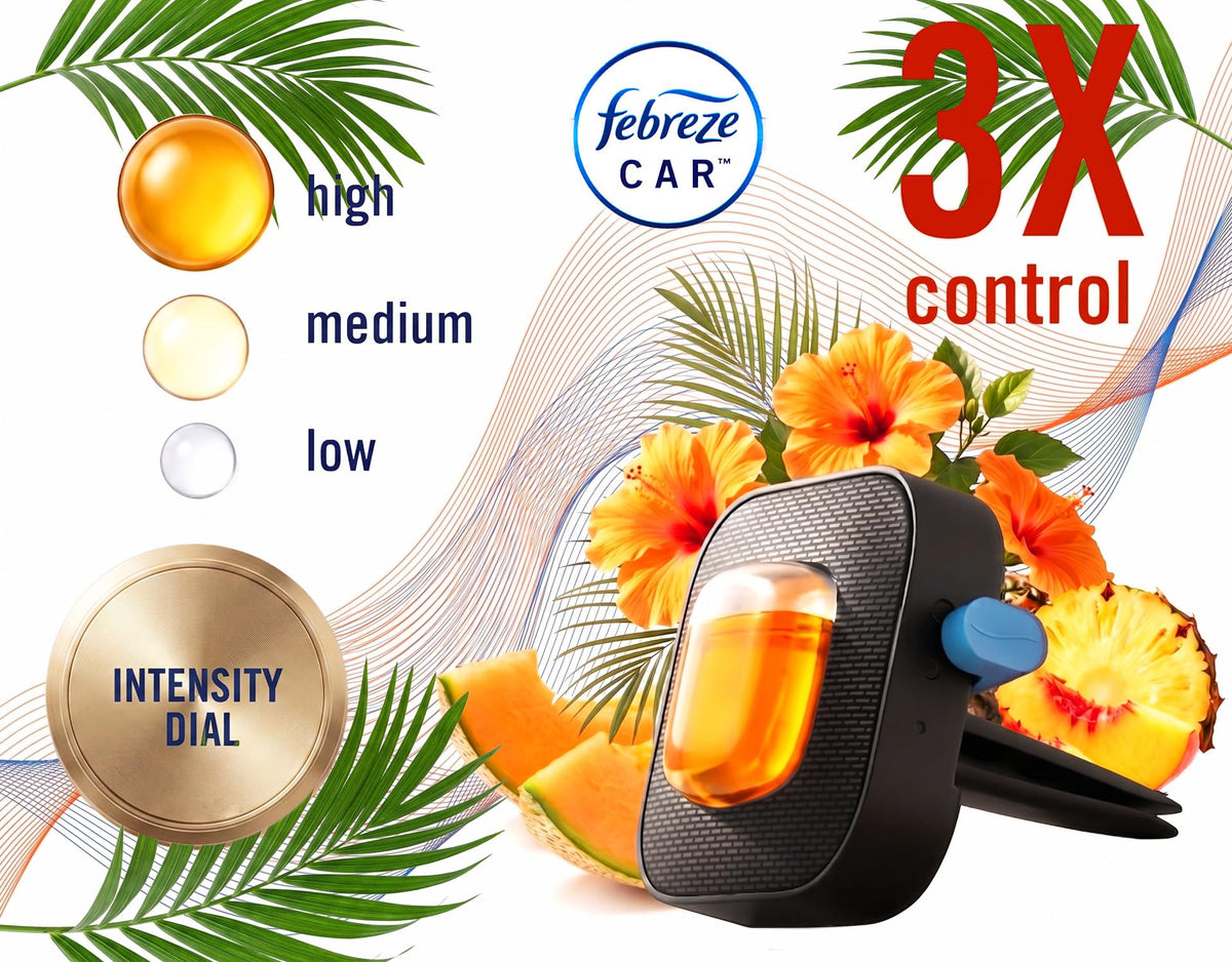 Febreze vent clip next to a key fob showing compact size and travel-friendly benefit