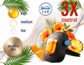 Febreze vent clip next to a key fob showing compact size and travel-friendly benefit