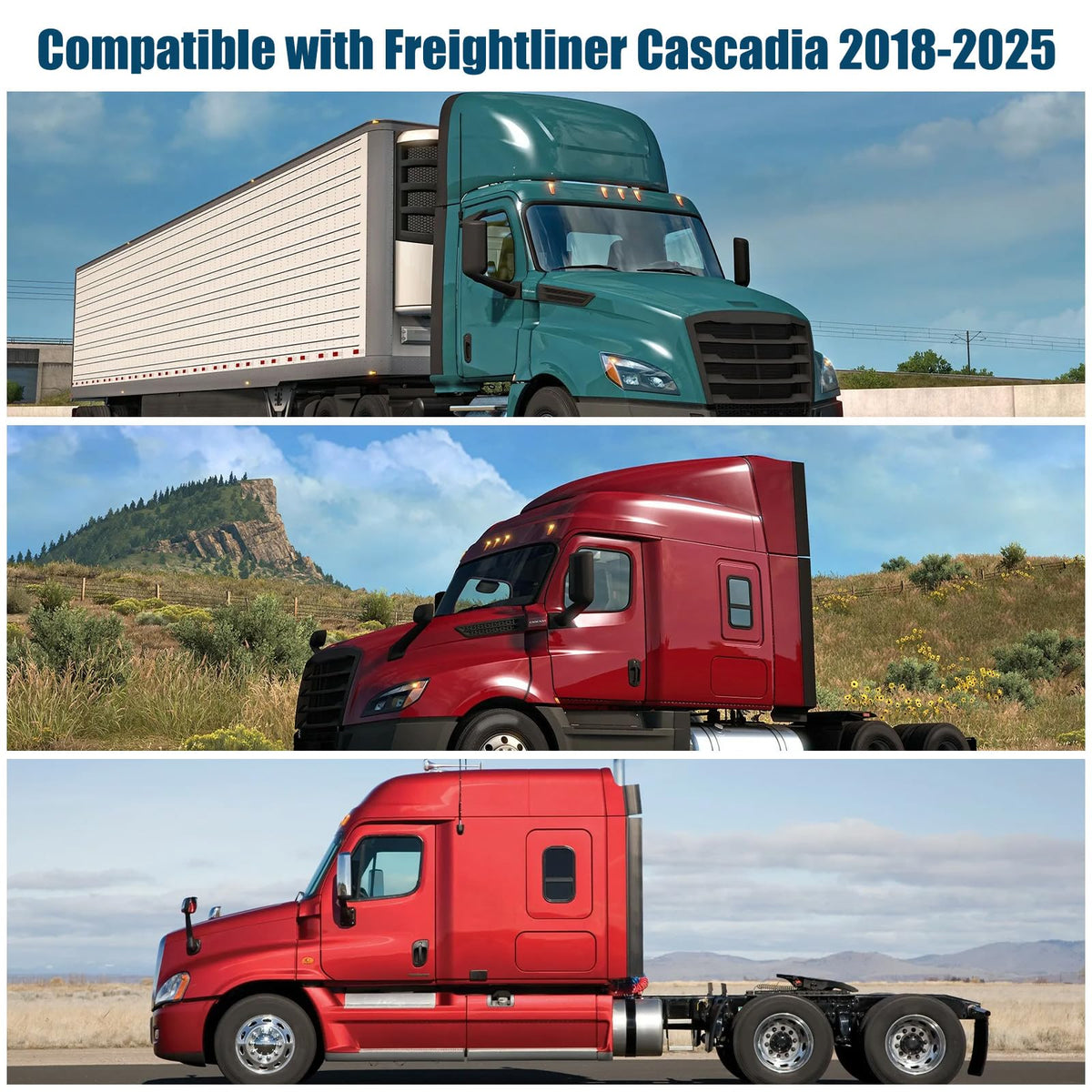 Federedevo sun shade in use on parked Cascadia demonstrating cooler cab benefit