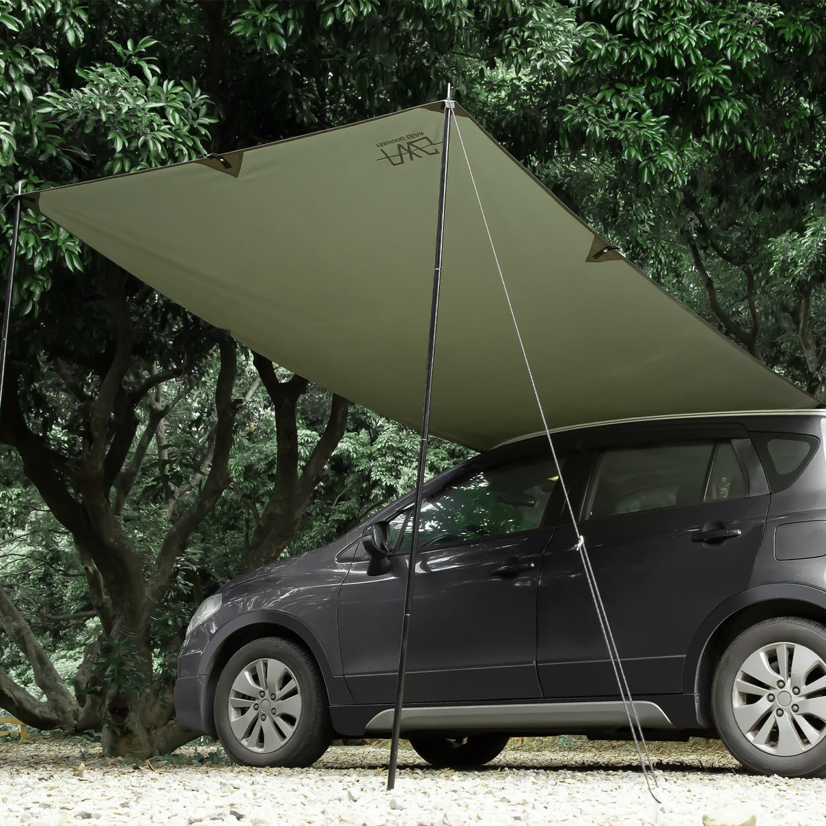 FEIWOOD GEAR front view of awning showing full covered shade and quick setup benefit