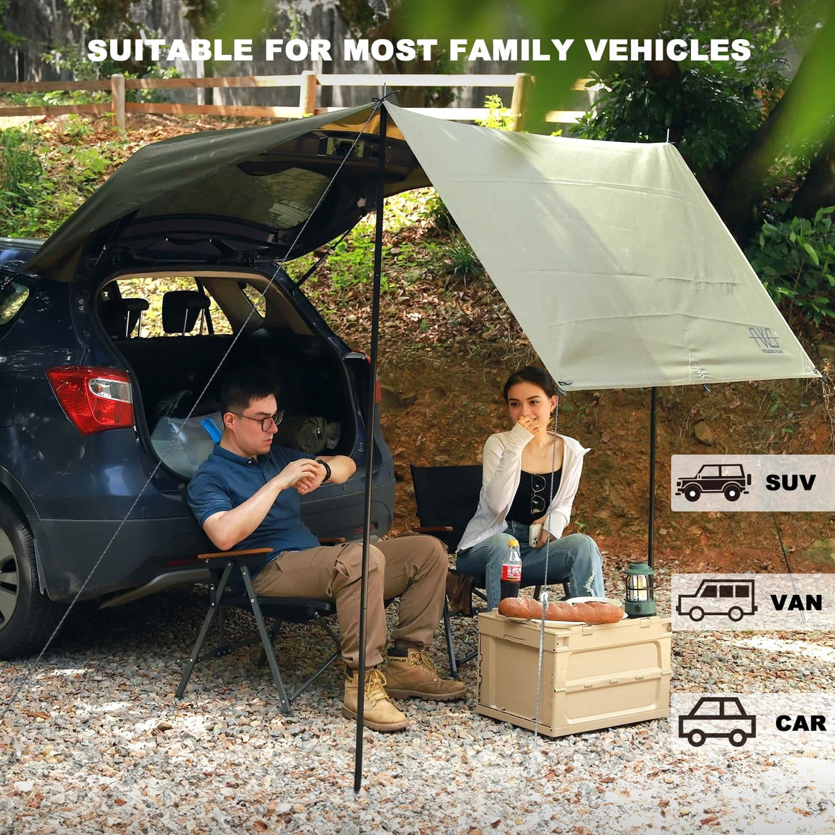 FEIWOOD GEAR lifestyle campsite scene showing sheltered seating and family comfort