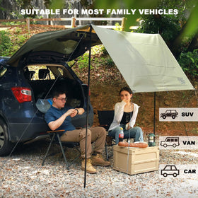 FEIWOOD GEAR lifestyle campsite scene showing sheltered seating and family comfort