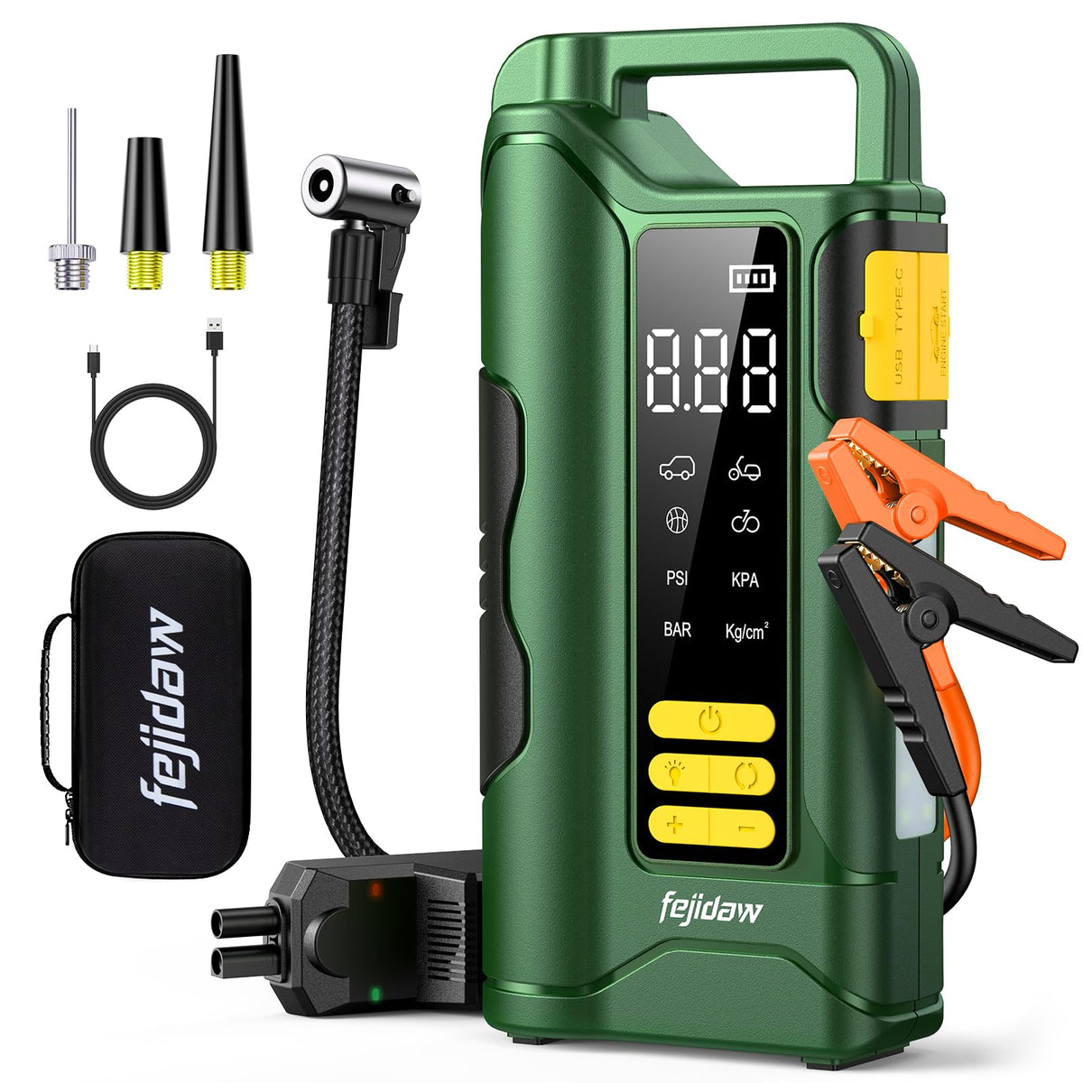 fejidaw front unit with display showing battery level and safety for roadside readiness
