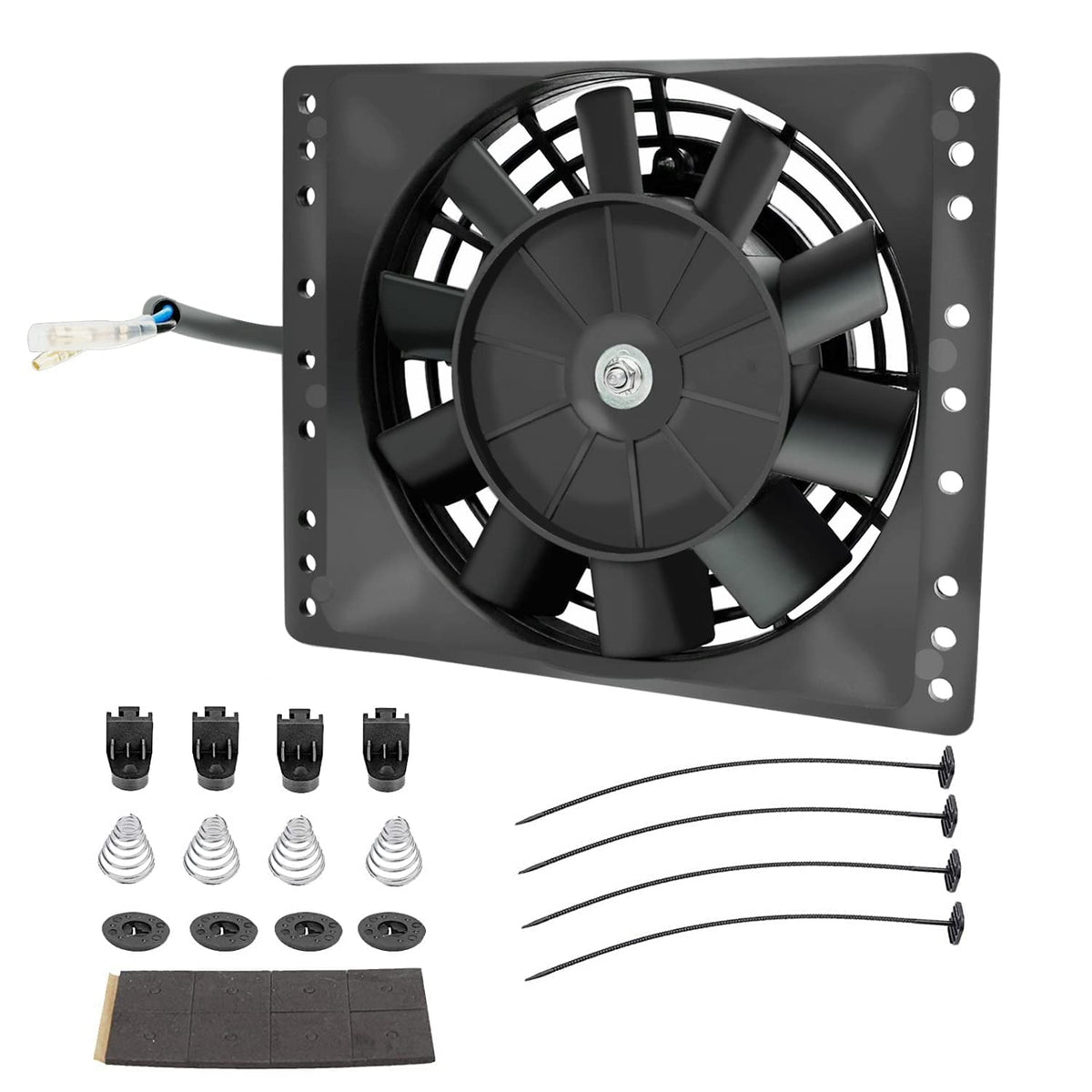 Fekuar fan mounted behind radiator in pull configuration improving cooling