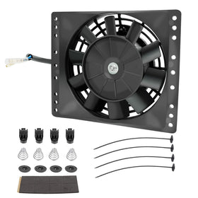 Fekuar fan mounted behind radiator in pull configuration improving cooling