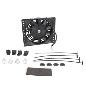 Fekuar fan mounted in front of radiator in push setup protecting condenser