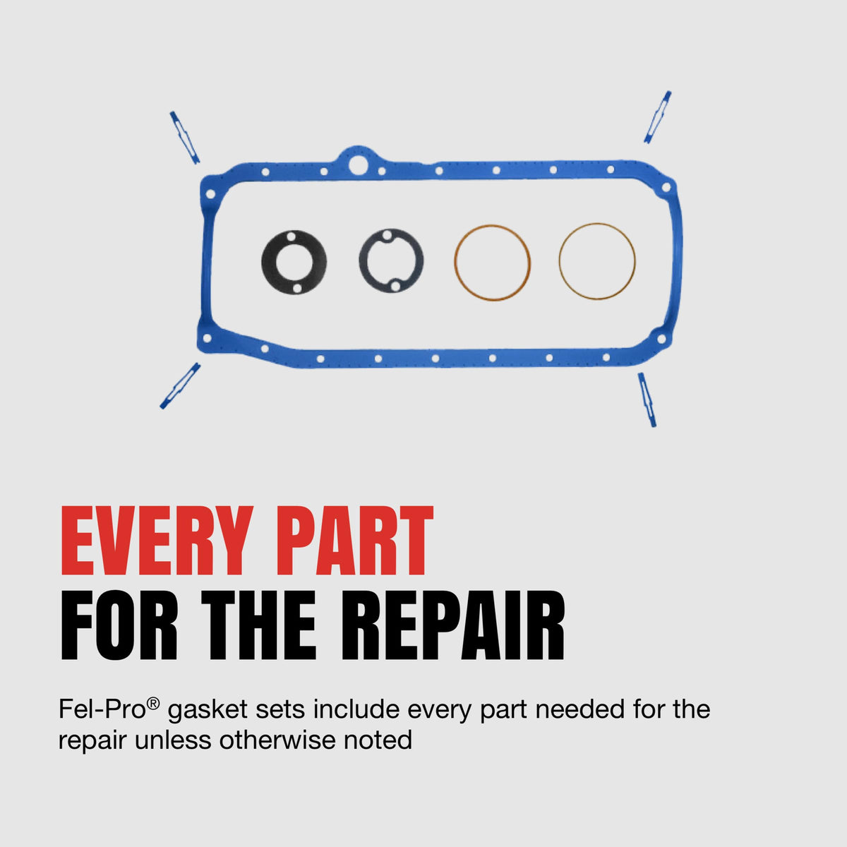 Fel-Pro gasket set contents laid out beside Chevy K1500 showing fitment assurance benefit