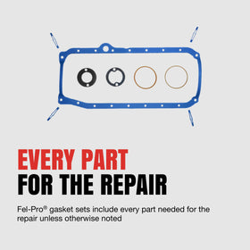 Fel-Pro gasket set contents laid out beside Chevy K1500 showing fitment assurance benefit