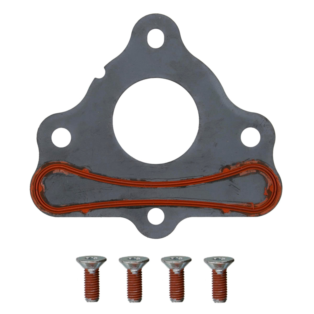 Fel‑Pro front view of thrust plate showing bolt holes and precise fit benefit