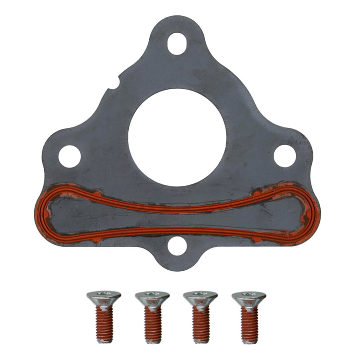 Fel‑Pro front view of thrust plate showing bolt holes and precise fit benefit