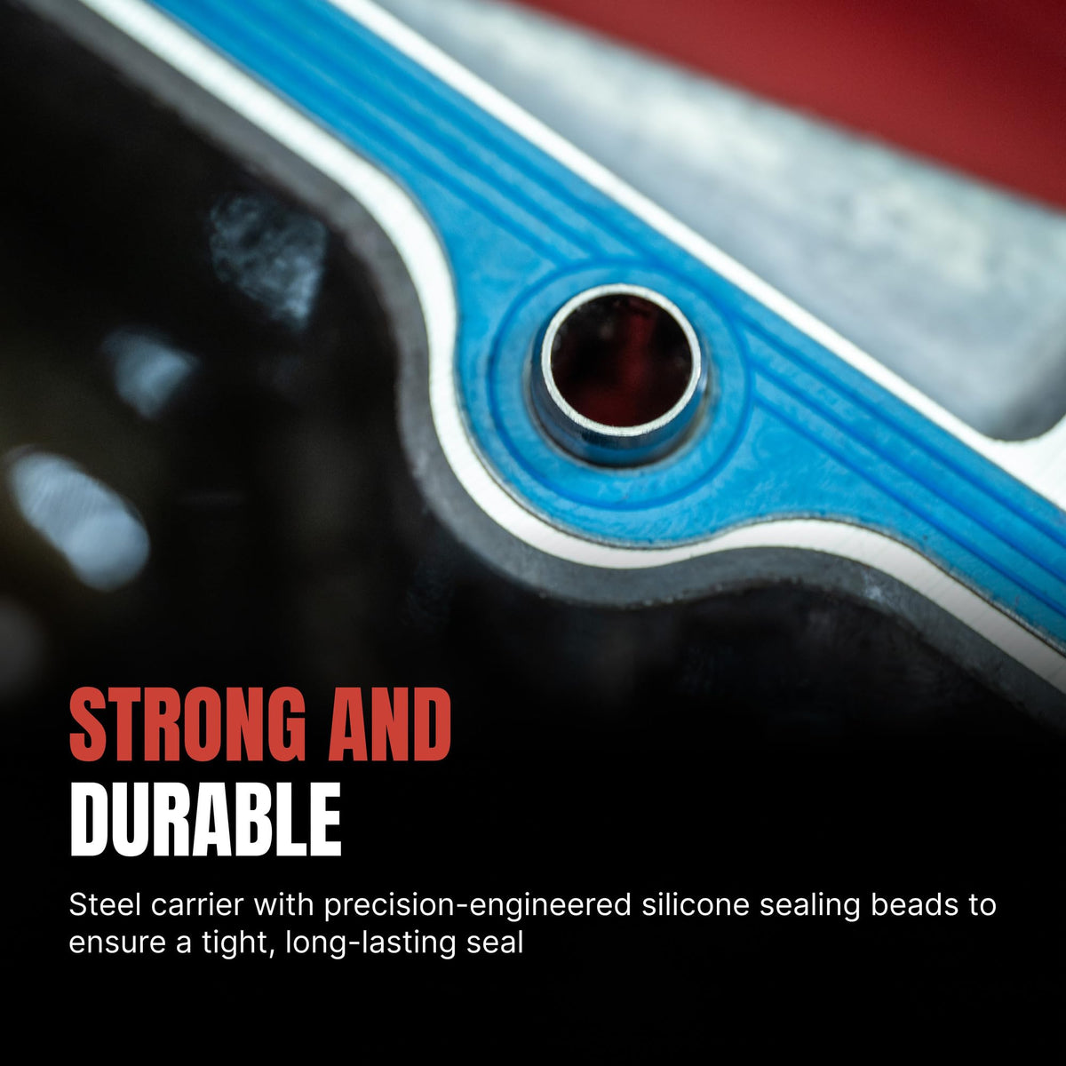 Fel-Pro steel carrier close-up showing durable construction benefit