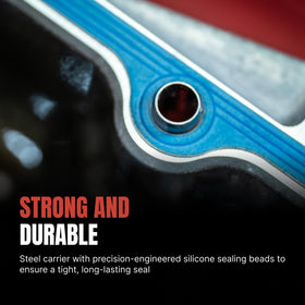 Fel-Pro steel carrier close-up showing durable construction benefit