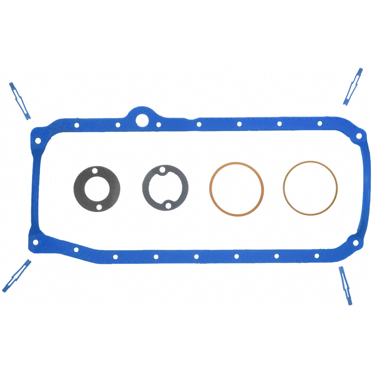 Fel-Pro oil pan gasket front packaging showing complete kit and benefit of included parts