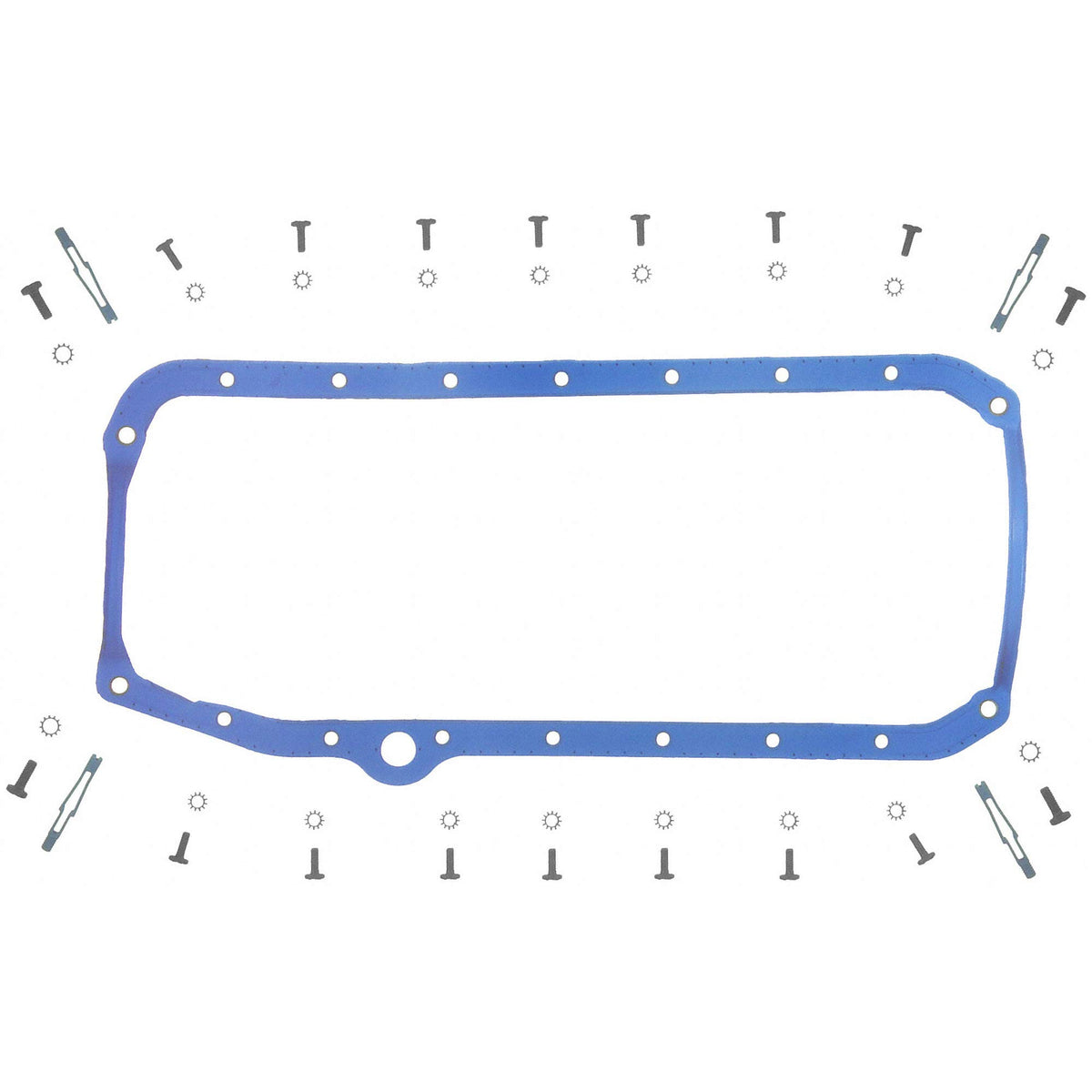 Fel‑Pro oil pan gasket front view showing complete one‑piece shape and mounting holes for accurate replacement