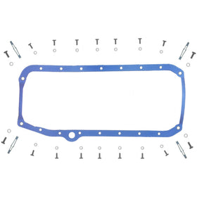 Fel‑Pro oil pan gasket front view showing complete one‑piece shape and mounting holes for accurate replacement