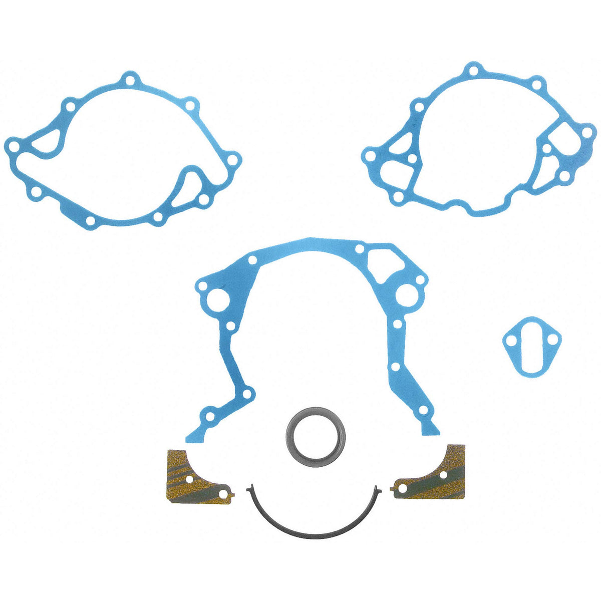 Fel‑Pro timing cover gasket front view showing kit contents and reliable fit