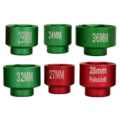 Felisbieti oil filter socket set front view showing six metric sockets and compact case, durable kit benefit