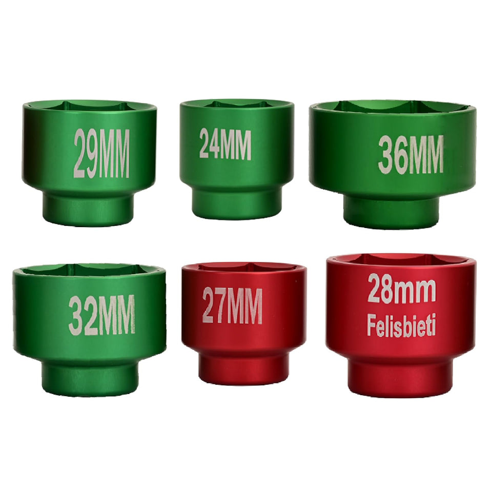 Felisbieti oil filter socket set front view showing six metric sockets and compact case, durable kit benefit