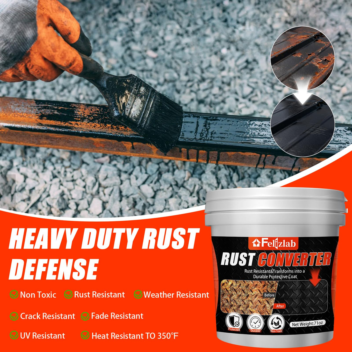 Felizlab brush applying converter to rusty metal for fast prep