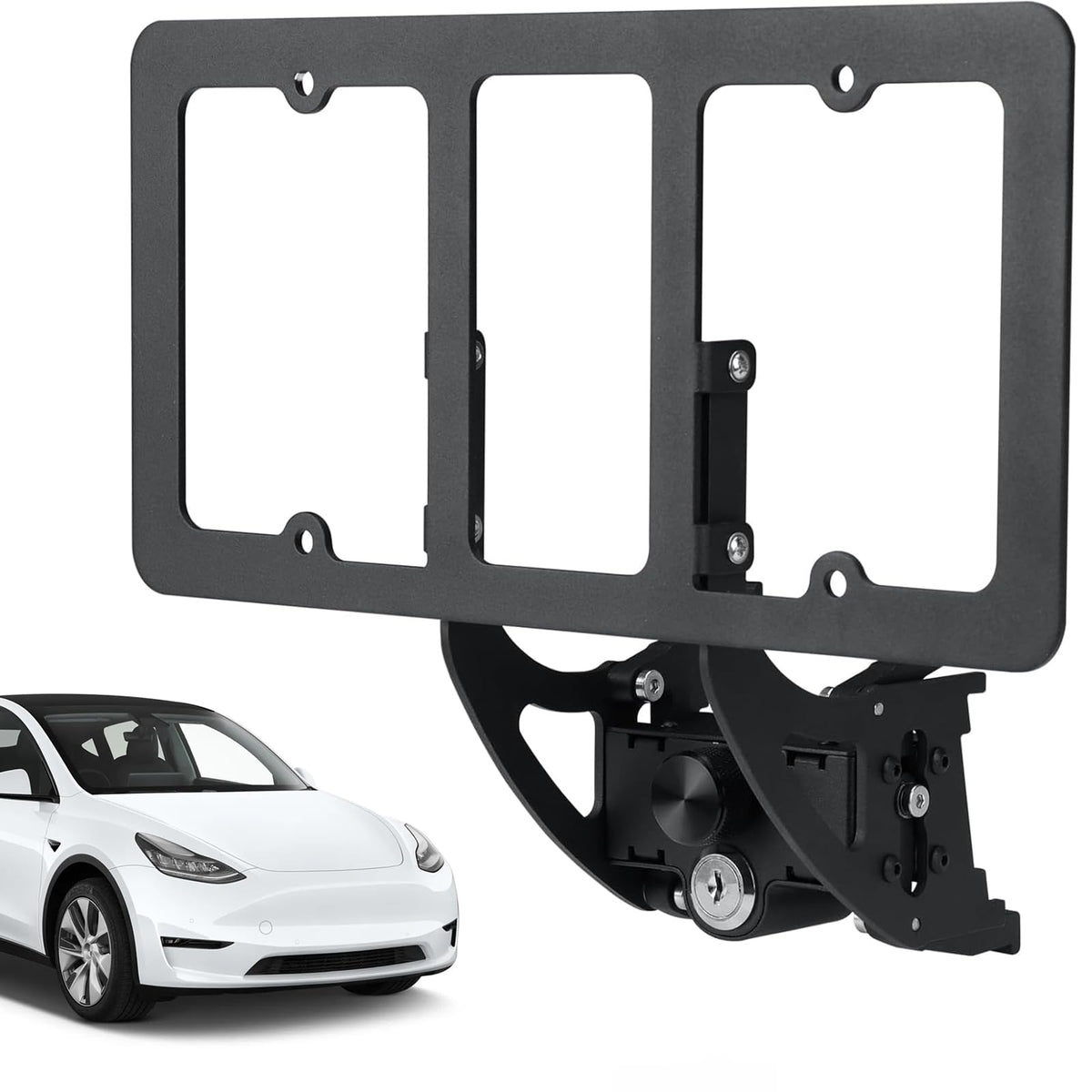 Femibon front-facing mounted on Tesla showing neat legal plate placement and preserved bumper