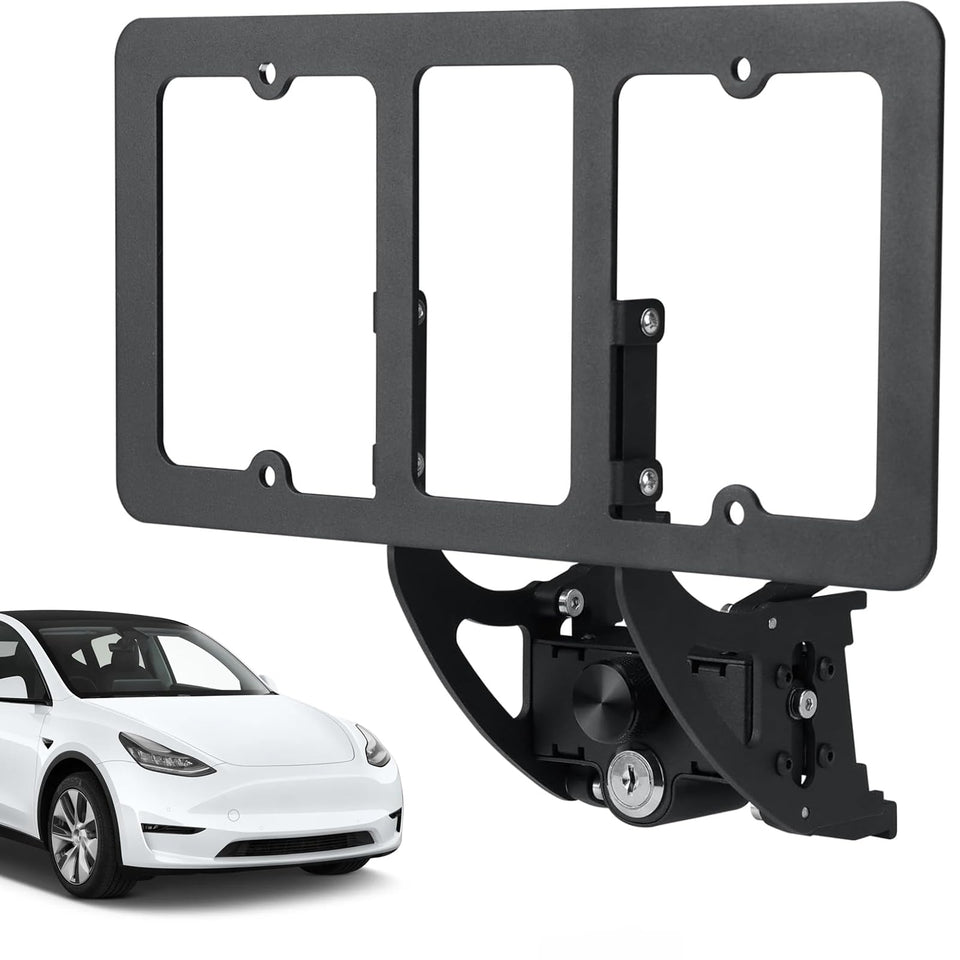 Femibon front-facing mounted on Tesla showing neat legal plate placement and preserved bumper