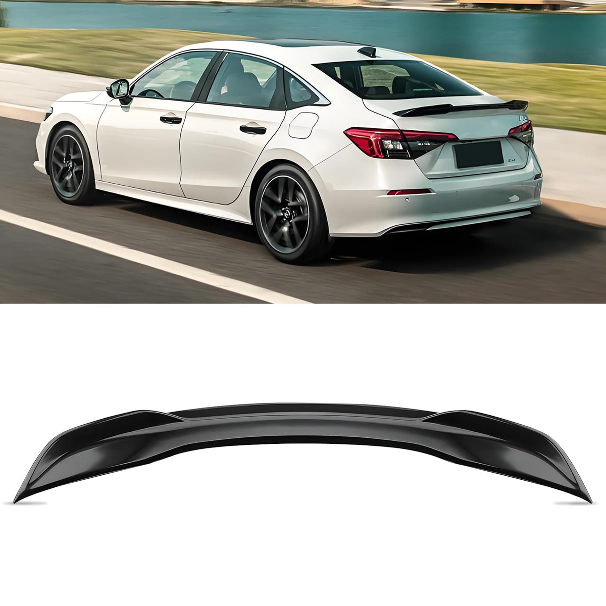 Femibon glossy black front view showing sleek spoiler benefit of improved rear styling