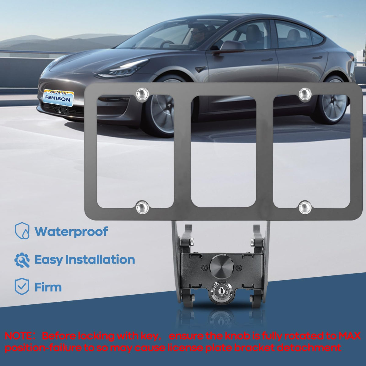 Femibon installed on Model Y urban parking scene improving curb appeal and legal compliance