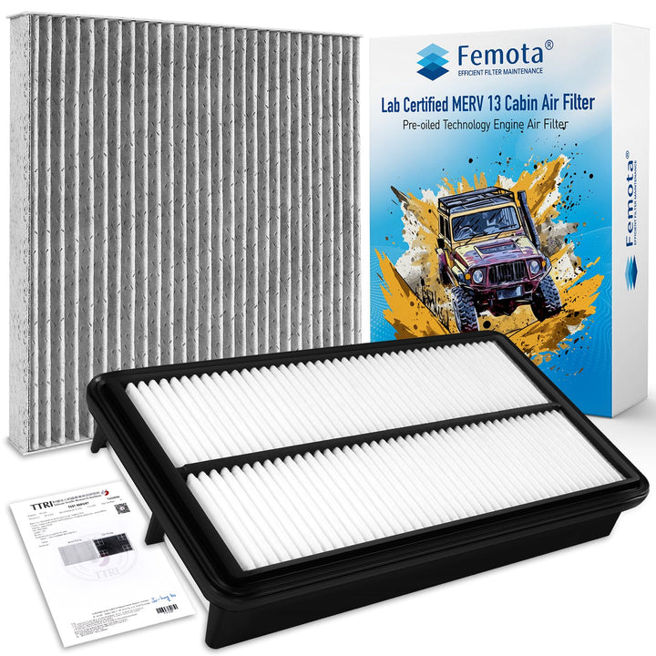 Femota front packaging showing cabin and engine filter kit benefiting fitment