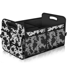 Femuar front view cow print organizer showing pockets and large capacity benefit