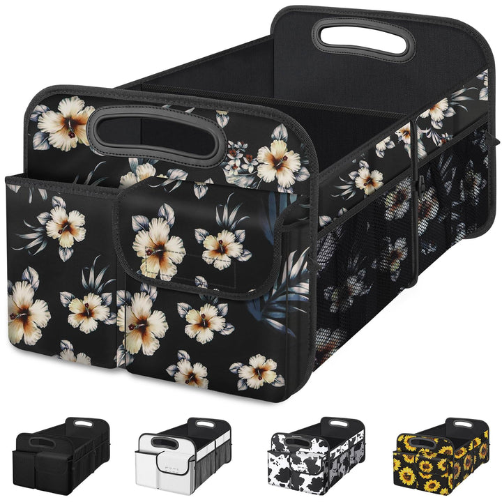 Femuar front view of hibiscus trunk organizer showing capacity and design benefit