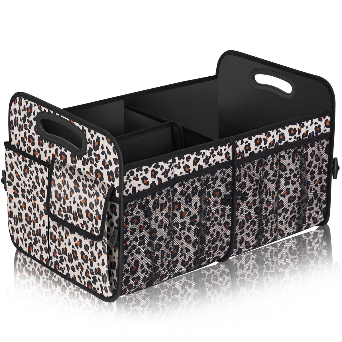 Femuar front view showing leopard print and large capacity benefit