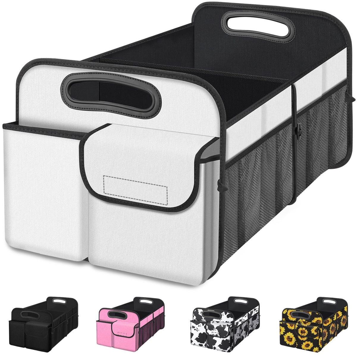 Femuar front view of beige trunk organizer showing capacity and shape benefit
