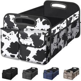 Femuar front view cow print organizer showing tidy storage and vintage style