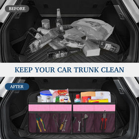 Femuar placed in car trunk with groceries showing tidy, secure transport benefit