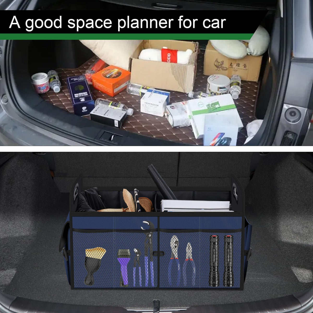 Femuar installed in SUV trunk showing secure fit and tidy cargo benefit