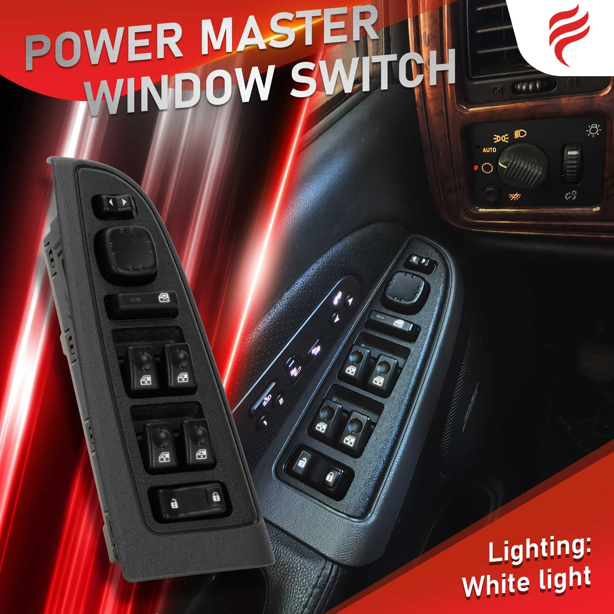Fengind switch installed in driver door demonstrating seamless OE-style integration