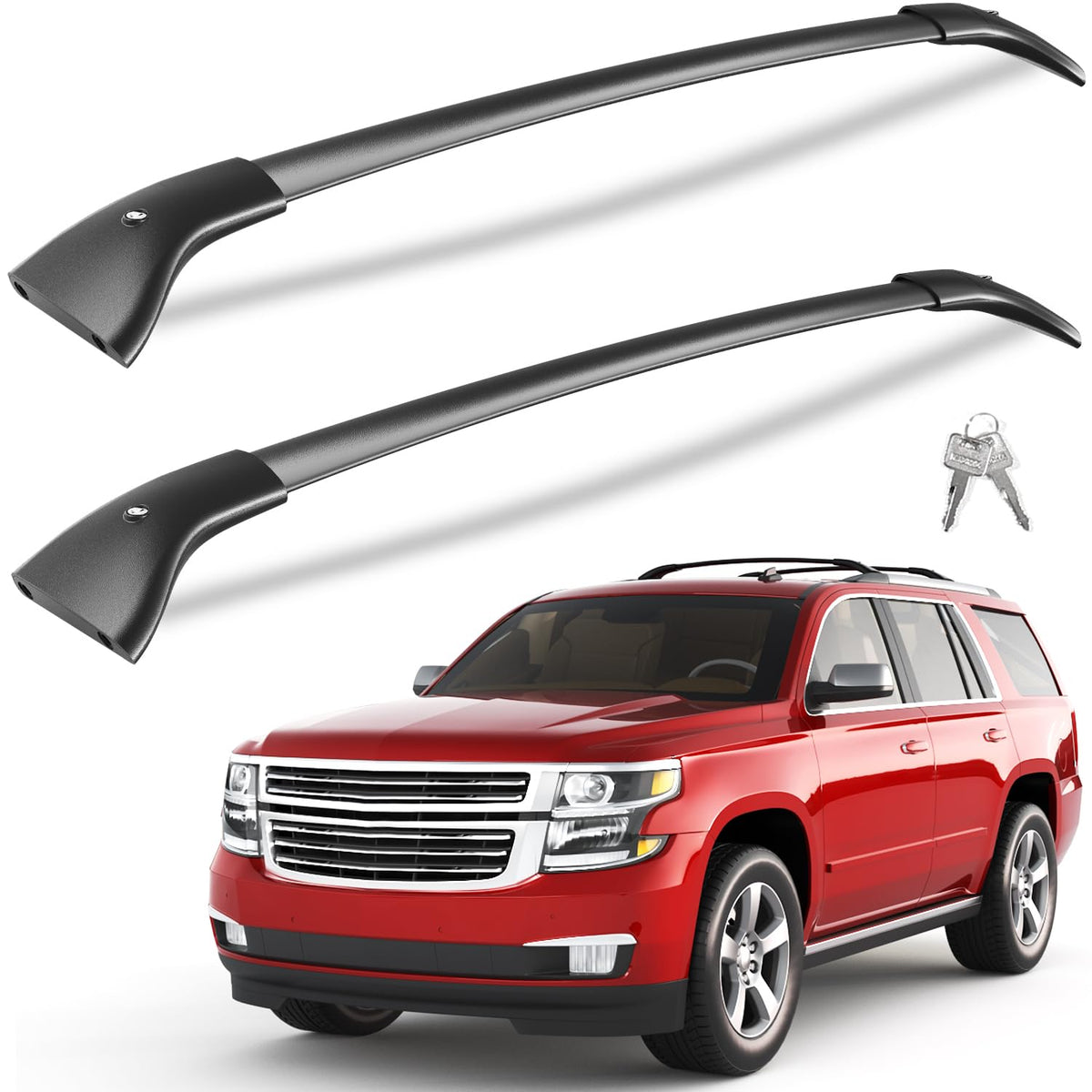 FengYu front-mounted crossbars on Tahoe roof showing sturdy fit and secure transport