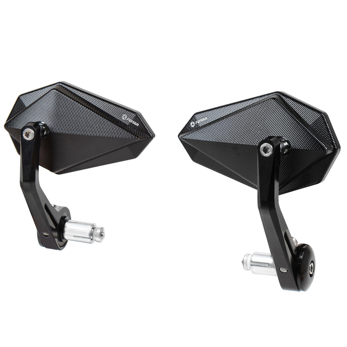 FENRIR front view of packaged black bar end mirrors showing compact design and style
