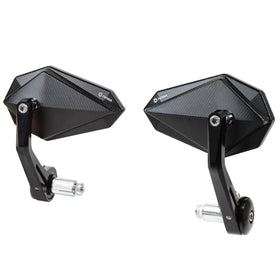 FENRIR front view of packaged black bar end mirrors showing compact design and style