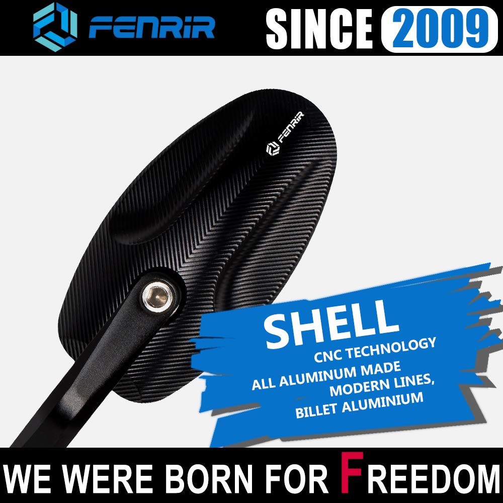 FENRIR installed on a cruiser motorcycle illustrating wide-angle visibility and aesthetic fit