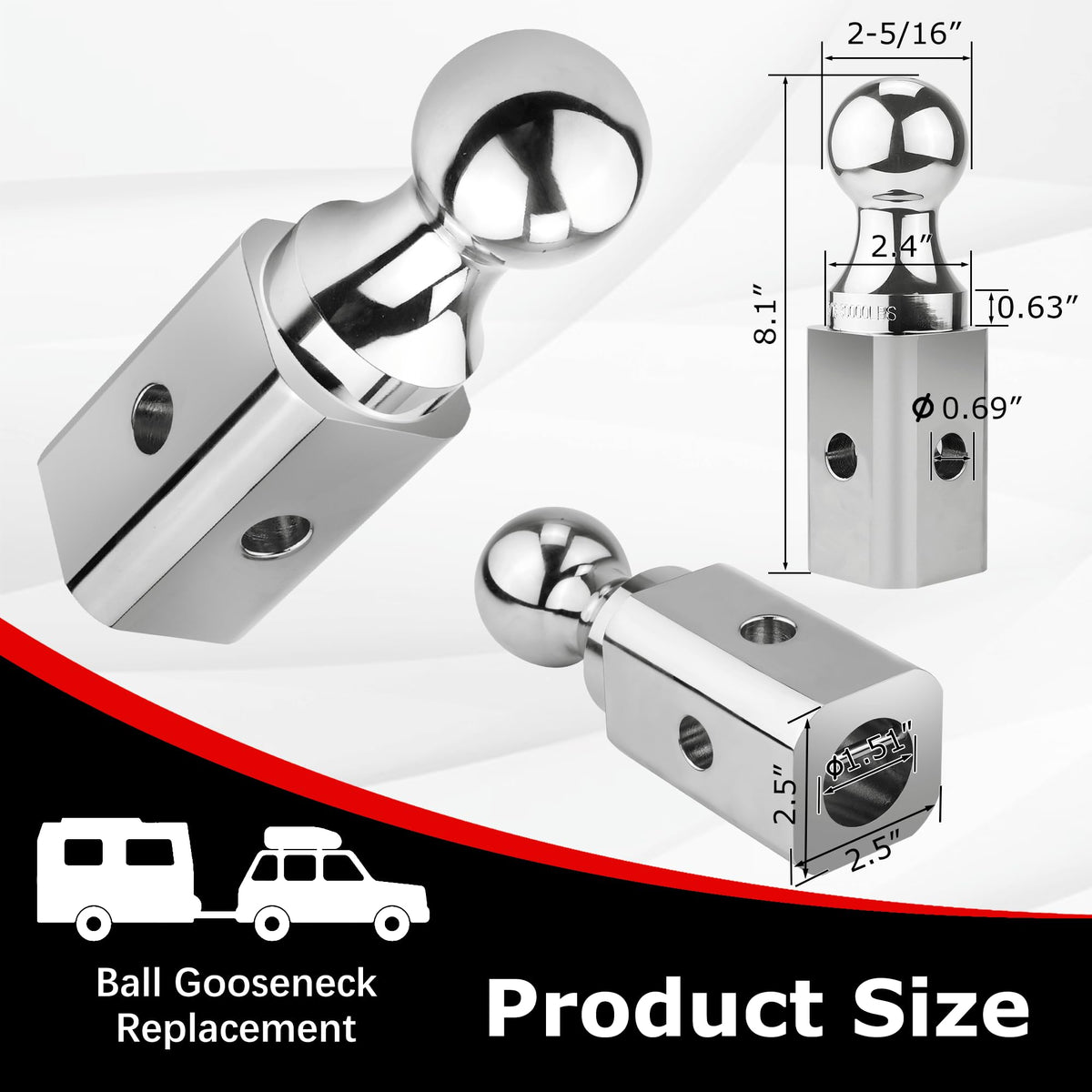 Fetechmate gooseneck ball size comparison showing 2-5/16 inch scale
