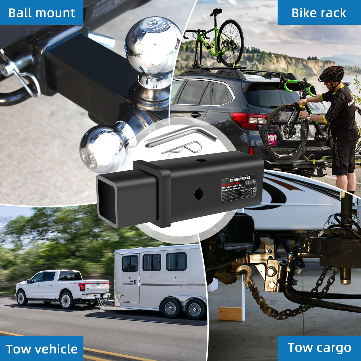 Fetechmate lifestyle shot towing a trailer showing convenient multi-size use