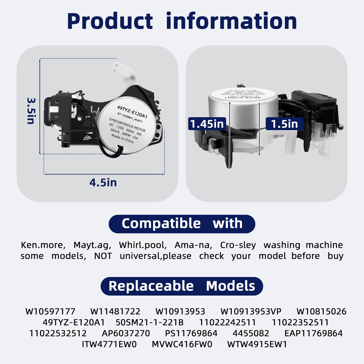 Fetechmate motor close-up 49TYZ-E120A1 highlighting synchronous motor, stable RPM control