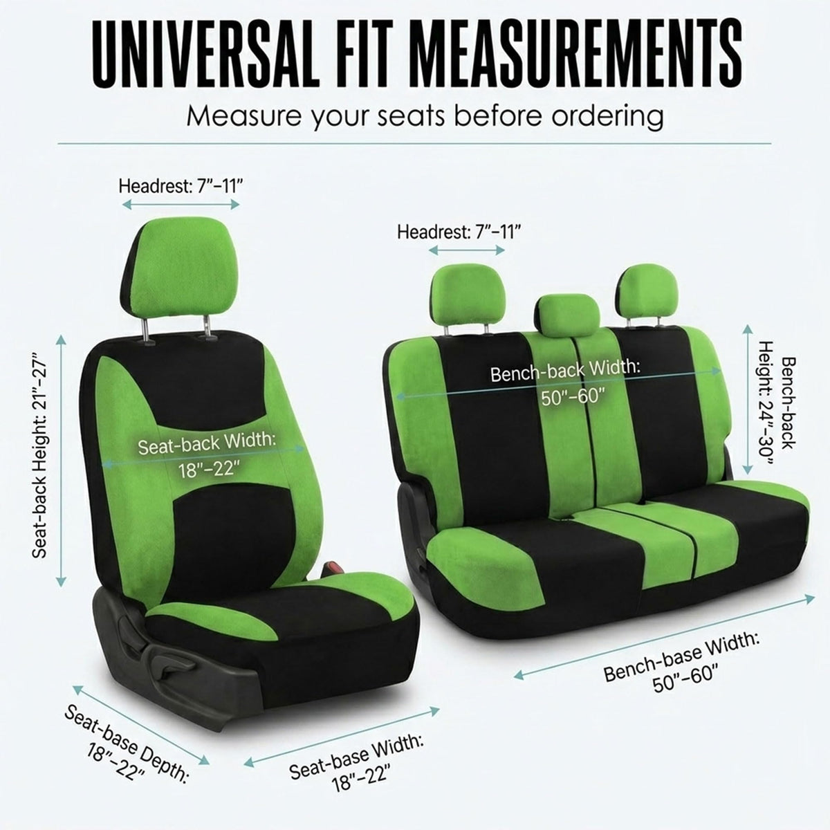 FH Group size scale comparison front seat with headrest showing fit compatibility