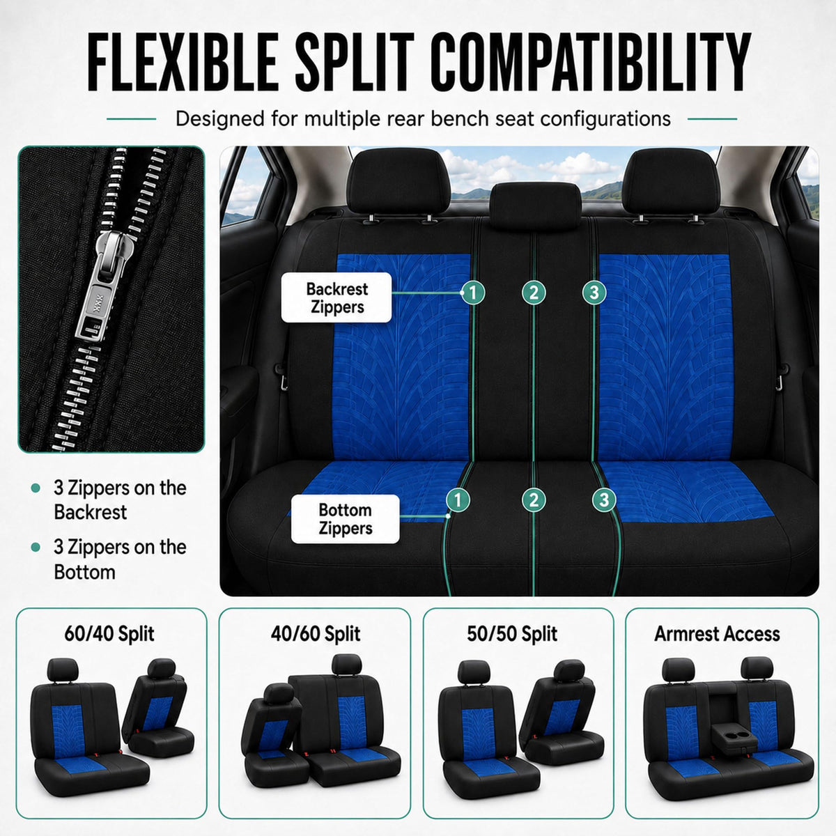 FH Group split-bench zipper access enabling armrest and pass-through